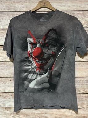 Title: The Mountain Evil Clown Knife Gray Tie Dye Horror T-Shirt Men's Large